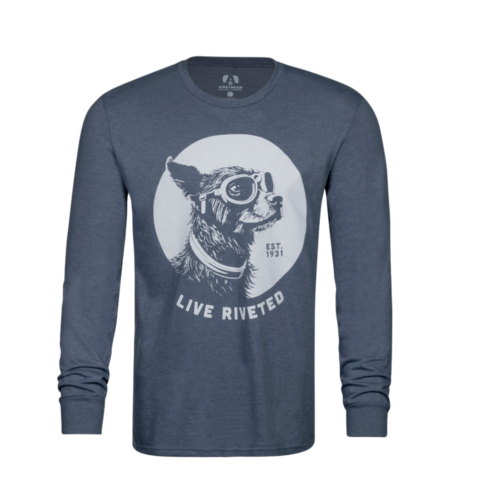 Airstream Dog with Goggles Tri-Blend Long Sleeve Blue T-Shirt