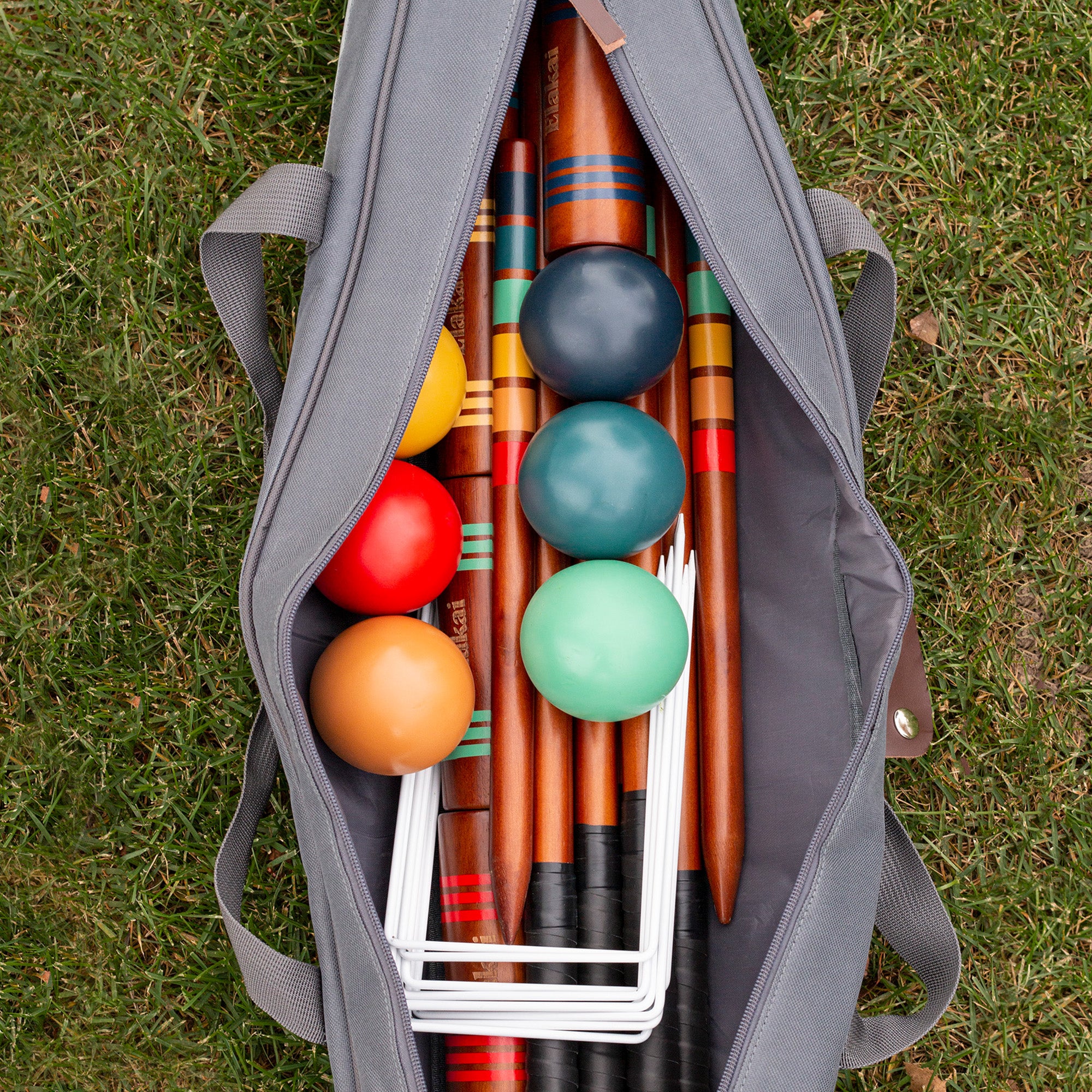 Elakai Croquet Set Inside of Grey Carrying Bag
